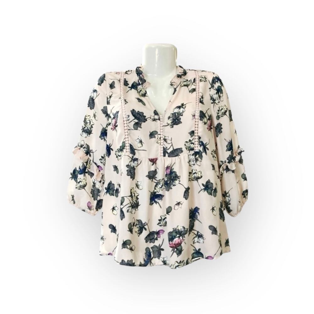 Maurices Womens Lt. Pink Floral Ruffle Neck W/ Crochet Details Blouse | Size S - Picture 13 of 13